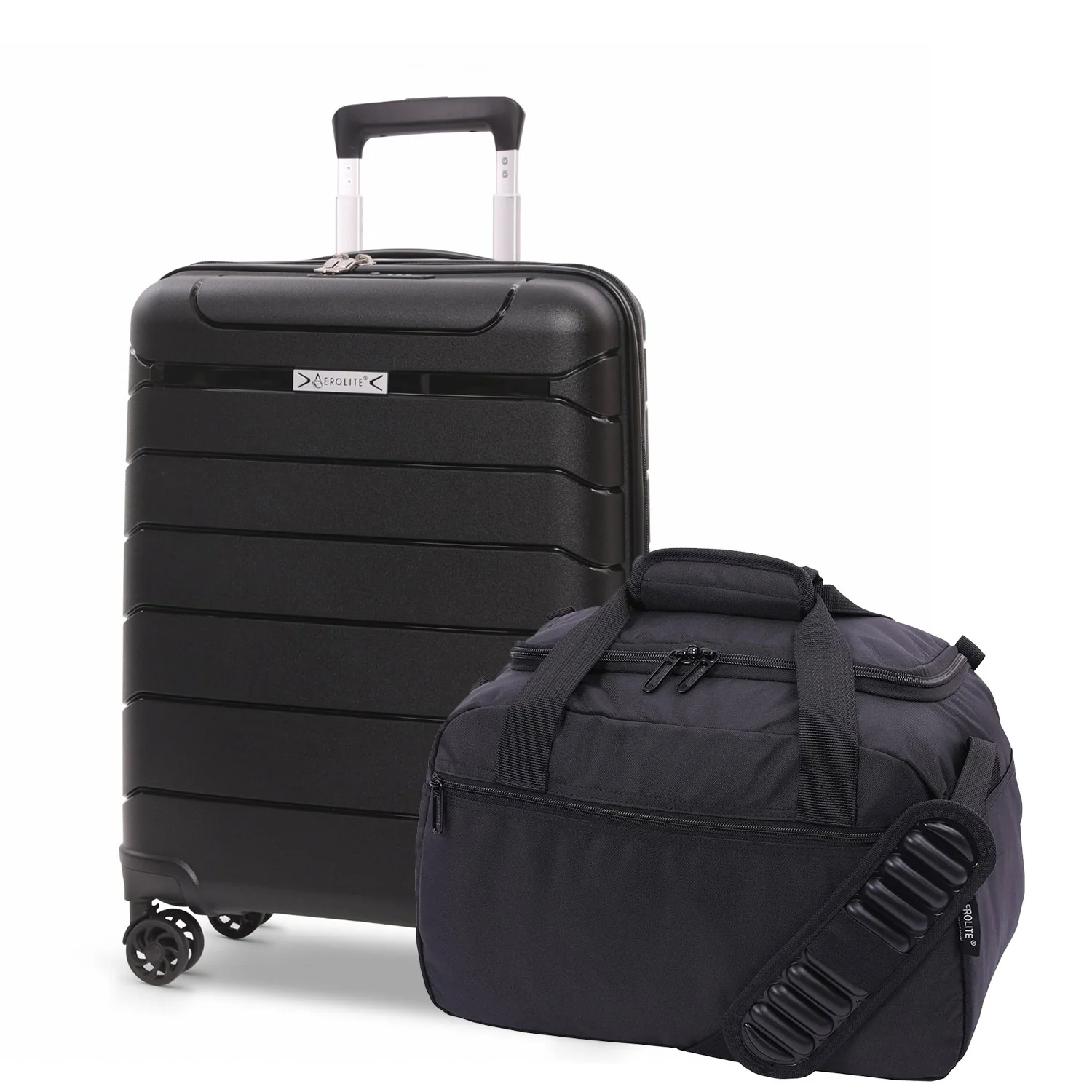 Aerolite Ryanair Priority Max Bundle, 55x40x20+3cm Expandable PP Hard Shell Suitcase (Black) with 40x30x20cm New Ryanair Max Underseat Holdall (Black)