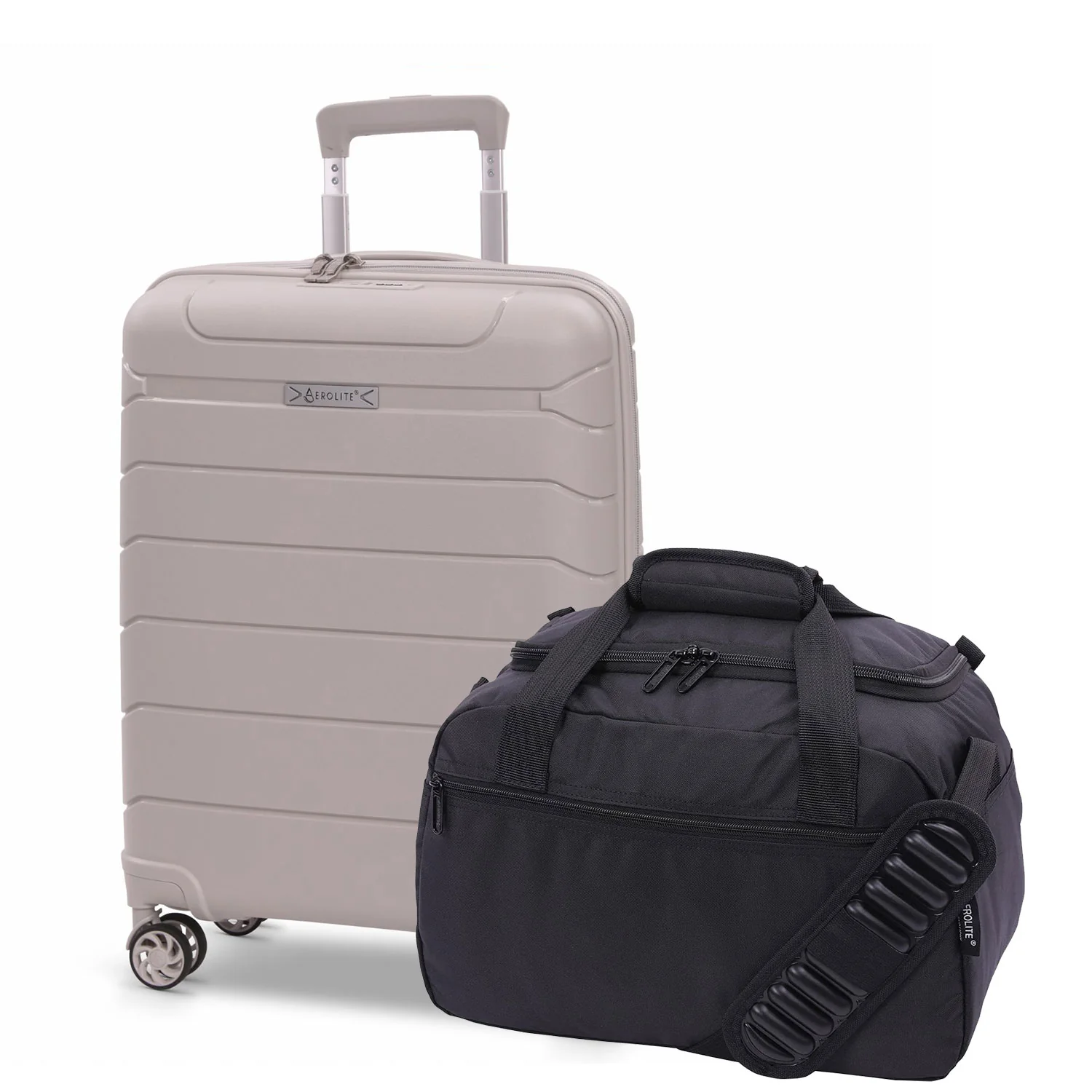 Aerolite Ryanair Priority Max Bundle, 55x40x20+3cm Expandable PP Hard Shell Suitcase (Cream) with 40x30x20cm New Ryanair Max Underseat Holdall (Black)