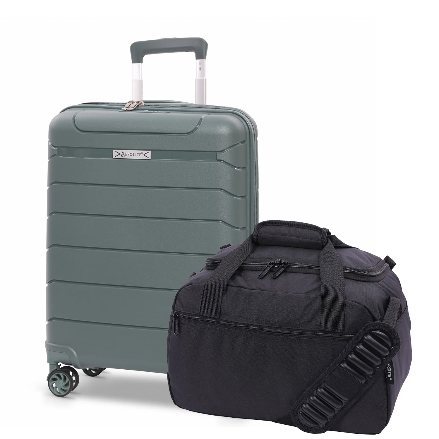 Aerolite Ryanair Priority Max Bundle, 55x40x20+3cm Expandable PP Hard Shell Suitcase (Green) with 40x30x20cm New Ryanair Max Underseat Holdall (Black)