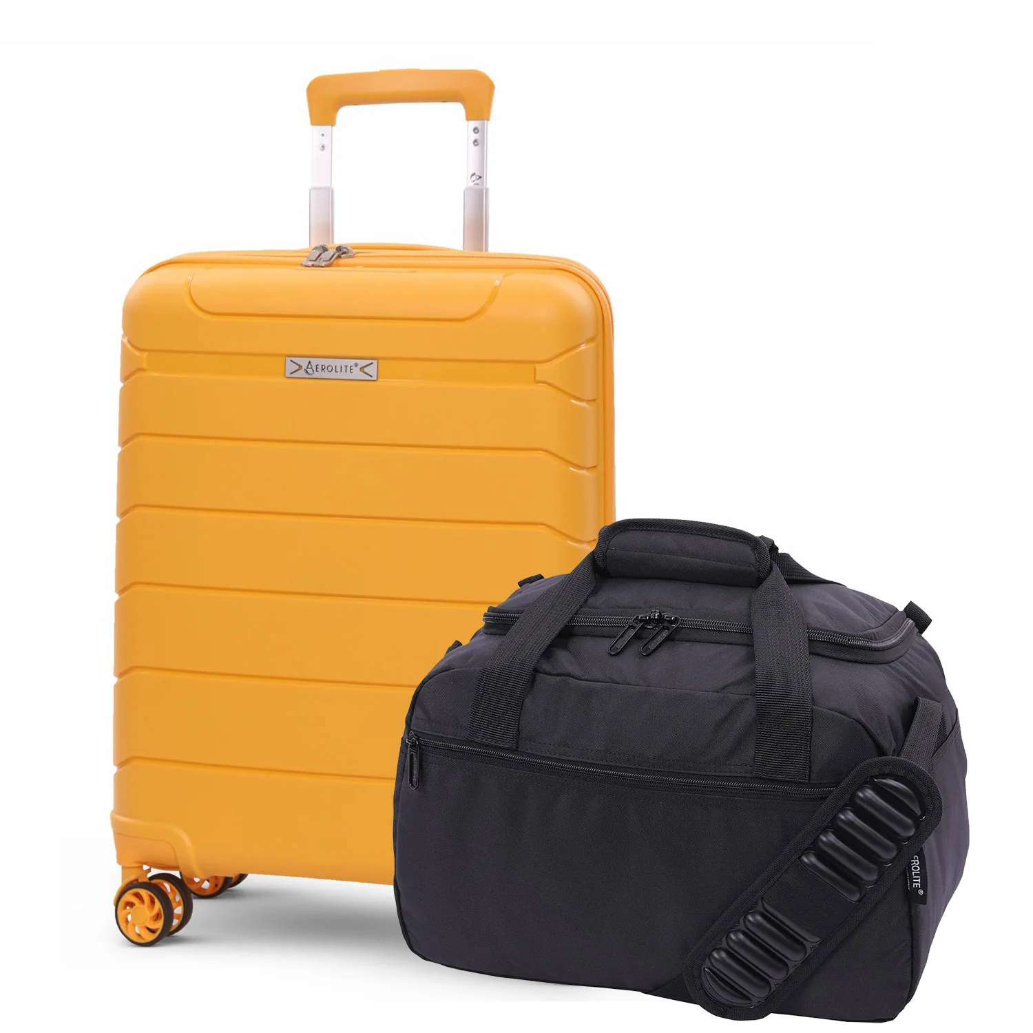 Aerolite Ryanair Priority Max Bundle, 55x40x20+3cm Expandable PP Hard Shell Suitcase (Mango) with 40x30x20cm New Ryanair Max Underseat Holdall (Black)