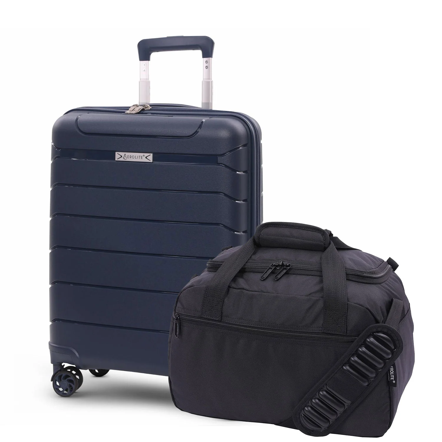 Aerolite Ryanair Priority Max Bundle, 55x40x20+3cm Expandable PP Hard Shell Suitcase (Navy) with 40x30x20cm New Ryanair Max Underseat Holdall (Black)