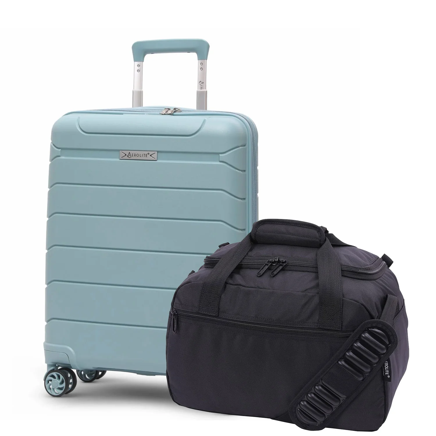 Aerolite Ryanair Priority Max Bundle, 55x40x20+3cm Expandable PP Hard Shell Suitcase (Sage) with 40x30x20cm New Ryanair Max Underseat Holdall (Black)